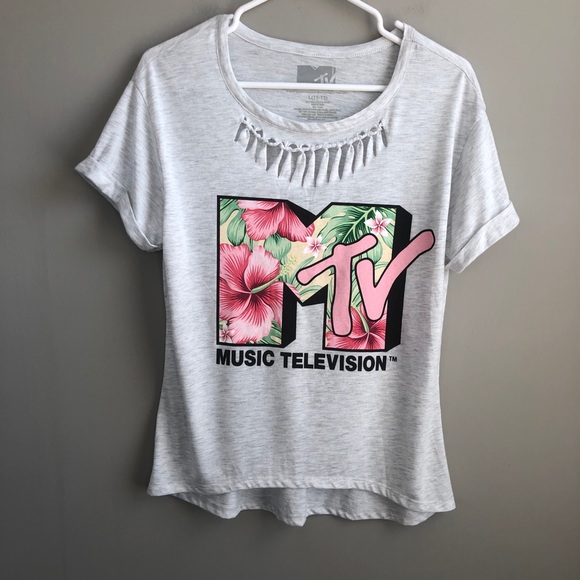 MTV Tops - MTV White Short Sleeve Tee with Pink Floral Logo